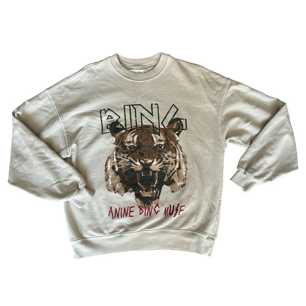 Anine Bing Cream Crewneck Sweatshirt with Tiger Graphic